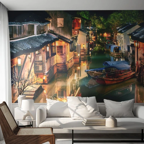 Fotobehang Standard Eco - Een avond op een Chinese straat - Landschap, Stad, Azië - 500x350 cm