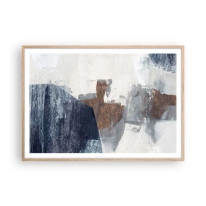 Een poster in een licht eiken lijst - Blauwe en bruine vormen - 100x70 cm