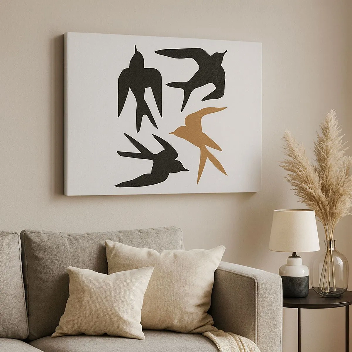Schilderen op canvas - Silhouetten van zwaluwen in zwart en goud - 70x50cm - Zwaluwen spel - Moderne wanddecoratie voor woonkamer en slaapkamer ARTTOR