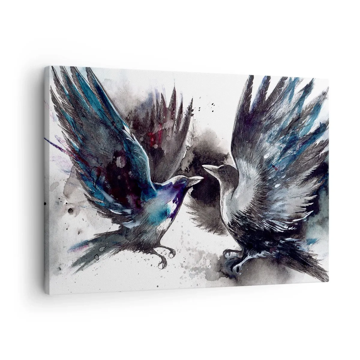 Schilderen op canvas - Artistieke raven in een dynamische aquarelcompositie - 70x50cm - De ene kraai pikt de andere de ogen niet uit - Moderne wanddecoratie voor woonkamer en slaapkamer ARTTOR