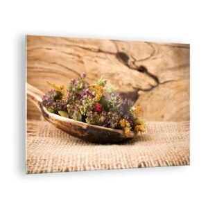 Schilderen op glas - Gedroogde kruiden in een houten lepel op een rustieke achtergrond - 70x50cm - Kleurrijke bloemen en geurige kriuden - Moderne wanddecoratie voor woonkamer en slaapkamer ARTTOR