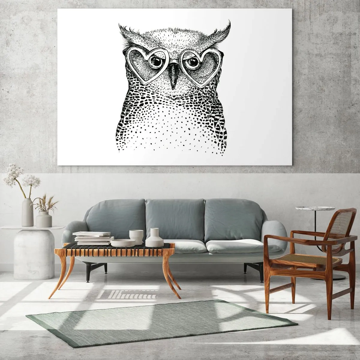 Schilderen op glas - Illustratie van een uil met een hartvormige bril - 70x50cm - Verstandig en met liefde - Moderne wanddecoratie voor woonkamer en slaapkamer ARTTOR