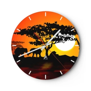 Wandklok - Klok - Afrikaans landschap met silhouetten van bomen en dieren bij zonsondergang - 30x30cm - Ontmoeting in de savanne - Moderne wanddecoratie voor woonkamer, keuken en slaapkamer ARTTOR