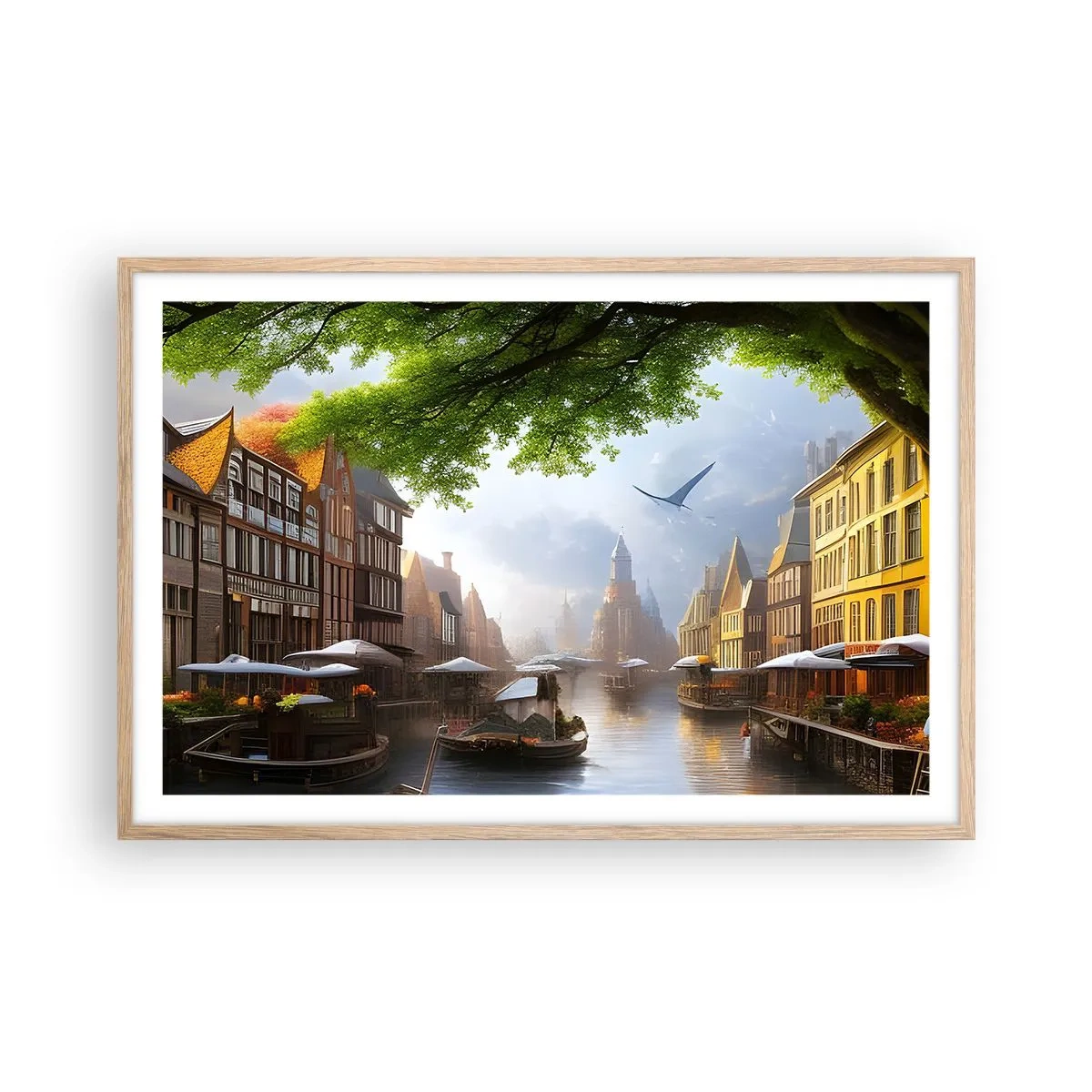 Een poster in een licht eiken lijst - Hollands stadsbeeld - 91x61 cm