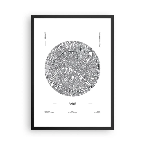 Poster in een zwarte lijst - Minimalistische kaart van Parijs in een cirkel - 50x70cm - Anatomie van Parijs - Moderne wanddecoratie voor woonkamer en slaapkamer ARTTOR
