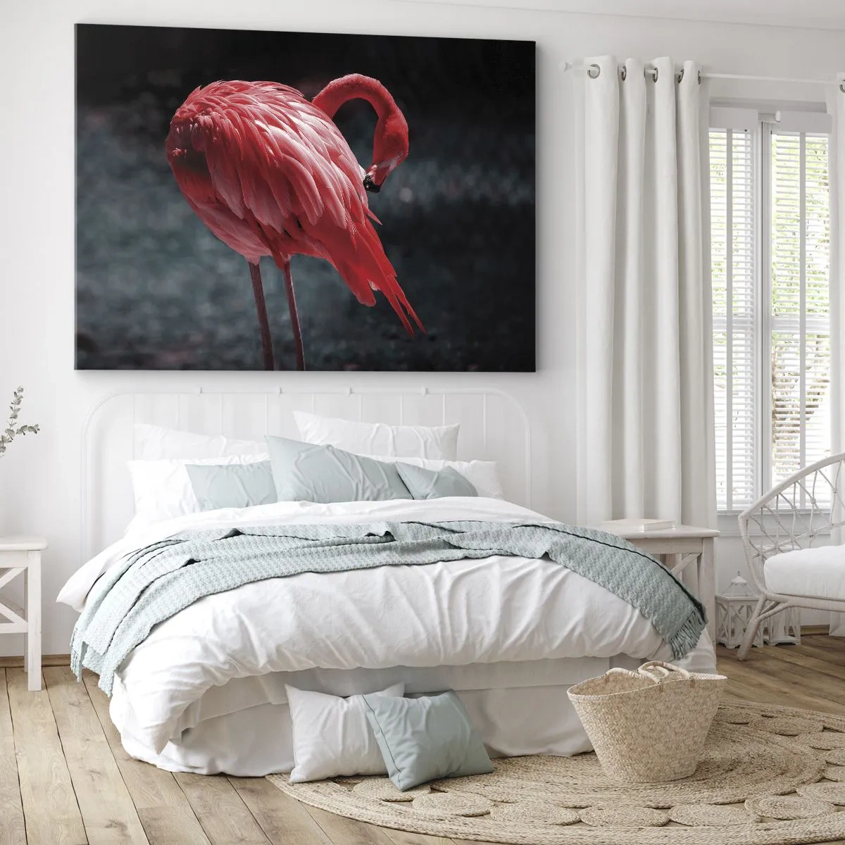 Schilderen op canvas - Een roze flamingo op een donkergroene achtergrond - 70x50cm - Een karmozijnrood gedicht van de natuur - Moderne wanddecoratie voor woonkamer en slaapkamer ARTTOR