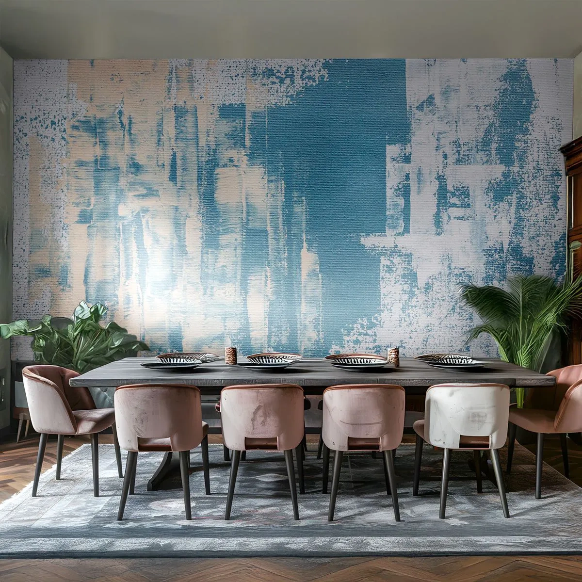Fotobehang Standard Eco - Een blauw-witte abstractie geïnspireerd op een ijslandschap. - 100x70cm - Door een ijspegel - Moderne wanddecoratie voor woonkamer en slaapkamer ARTTOR