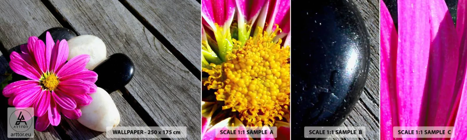 Fotobehang Monster Zelfklevend Deluxe Sticker - Rust op de pier - Bloem, Stenen, Houten brug - 100x30 cm