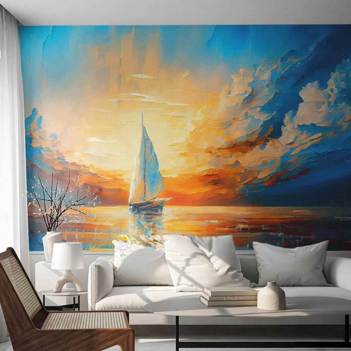 Fotobehang Standard Eco - Zeilen in goud - Landschap, Nautisch, Zeilboot - 300x210 cm