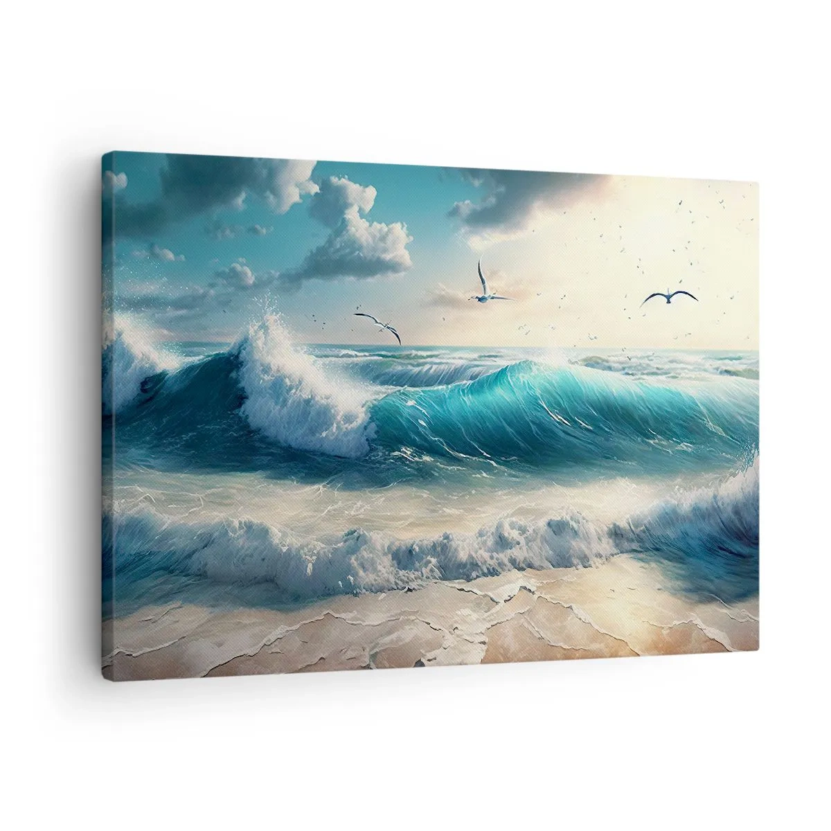 Schilderen op canvas - Zee golven op het strand onder een blauwe lucht met meeuwen - 70x50cm - Ritselt alleen voor jou - Moderne wanddecoratie voor woonkamer en slaapkamer ARTTOR