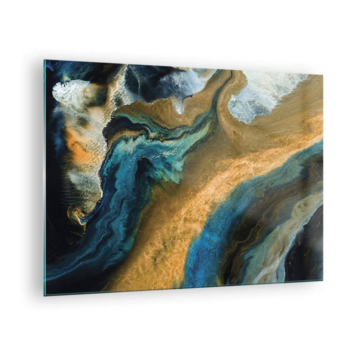 Schilderen op glas - Abstracte compositie in tinten blauw en goud - 70x50cm - Blauw - geel - wederzijdse invloeden - Moderne wanddecoratie voor woonkamer en slaapkamer ARTTOR