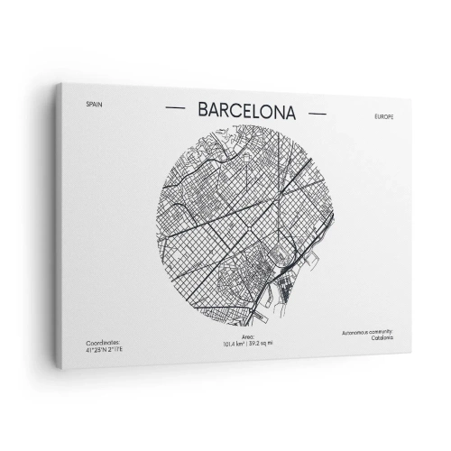Schilderen op canvas - Een kaart van Barcelona in minimalistische zwart-witstijl - 70x50cm - Anatomie van Barcelona - Moderne wanddecoratie voor woonkamer en slaapkamer ARTTOR