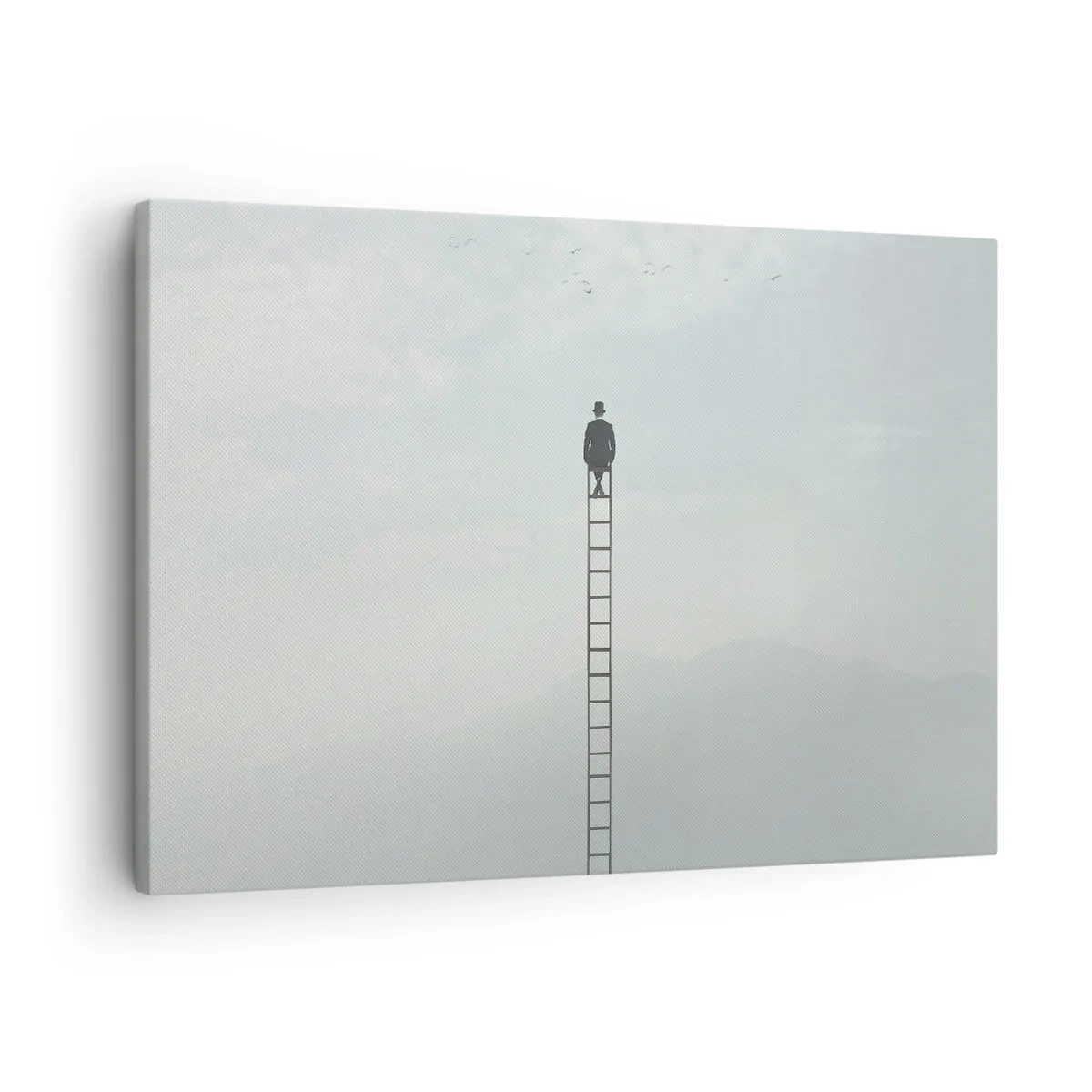 Schilderen op canvas - Een man op een ladder die de lucht in stijgt - 70x50cm - Stap verder op! - Moderne wanddecoratie voor woonkamer en slaapkamer ARTTOR