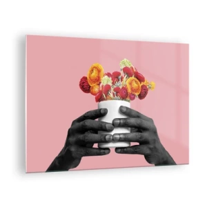 Schilderen op glas - Zwart-witte handen die een kleurrijk boeket bloemen vasthouden - 70x50cm - De apotheose van het leven - Moderne wanddecoratie voor woonkamer en slaapkamer ARTTOR