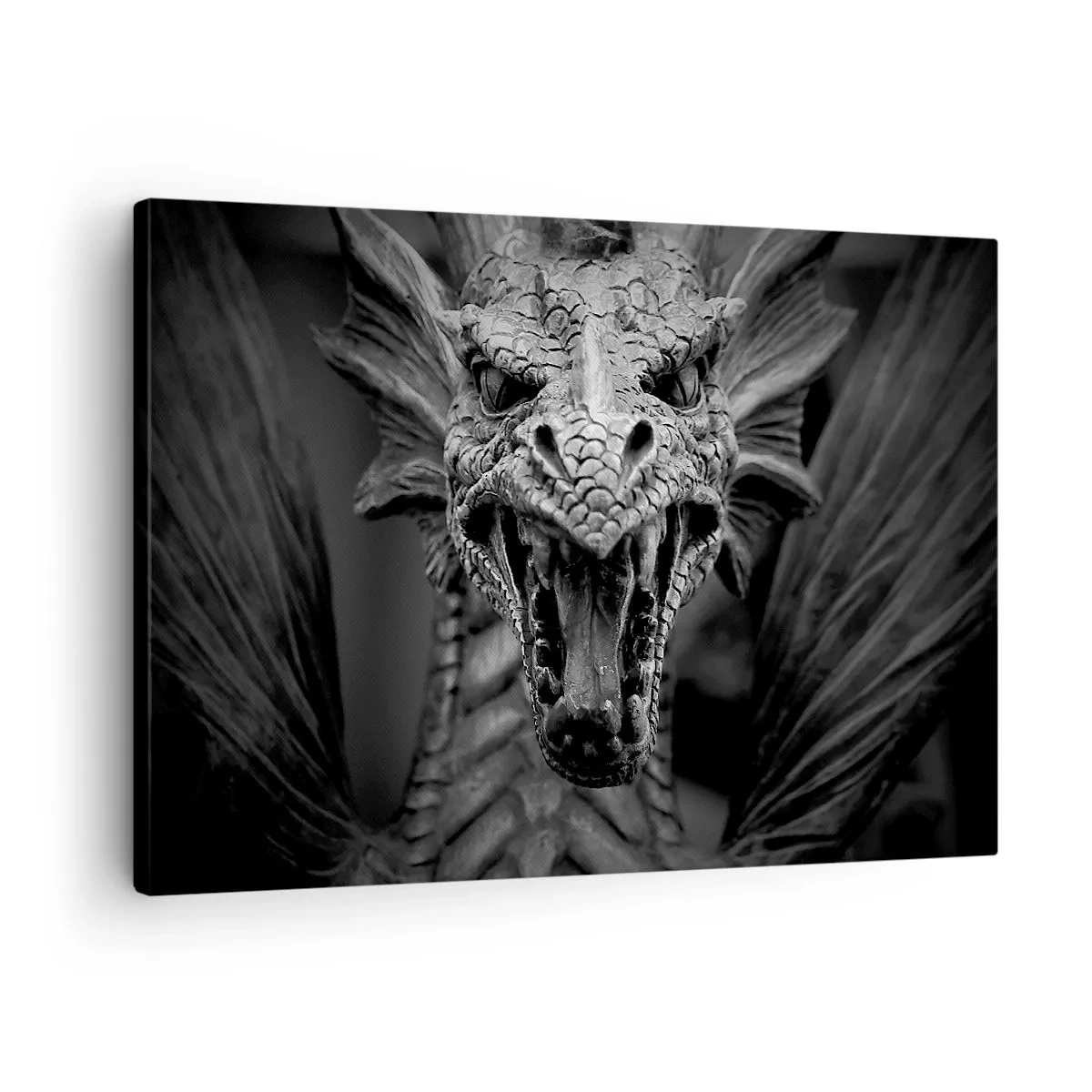 Schilderen op canvas - Een dreigende drakenkop in zwart-wit met expressieve details. - 70x50cm - Een sprookjesachtige draak in grijs - Moderne wanddecoratie voor woonkamer en slaapkamer ARTTOR