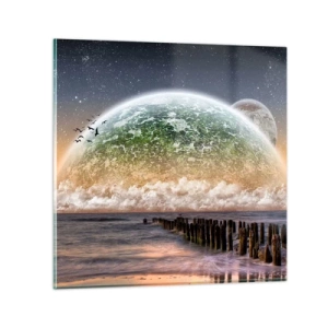 Schilderen op glas - En de wereld kwam uit het water - 60x60 cm