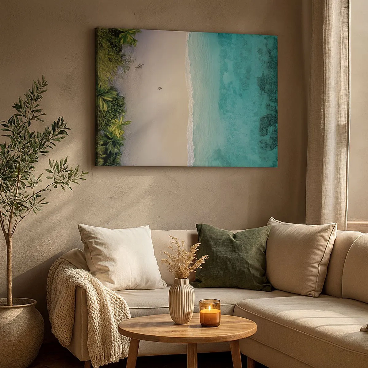 Schilderen op canvas - Luchtfoto van een tropisch strand met turquoise water - 70x50cm - Paradijsstrand - Moderne wanddecoratie voor woonkamer en slaapkamer ARTTOR