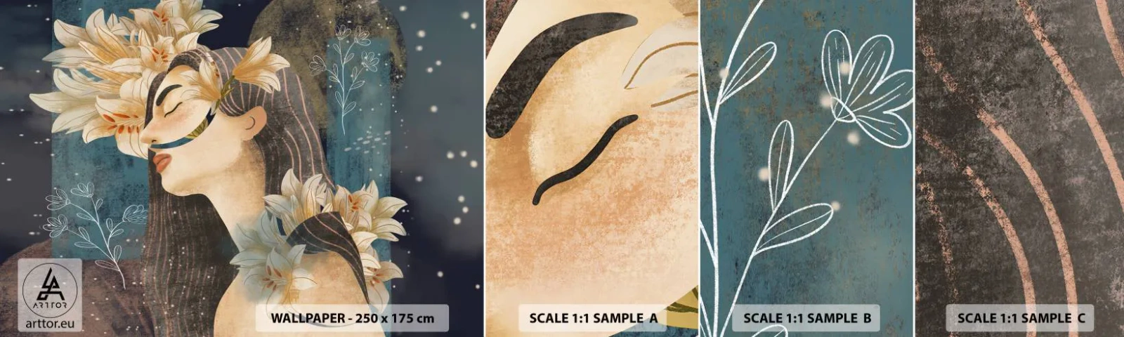 Fotobehang Staaltje Standard Eco - Een sprookje over een prinses met lelies - Abstractie, Vrouw, Bloemen - 100x30 cm