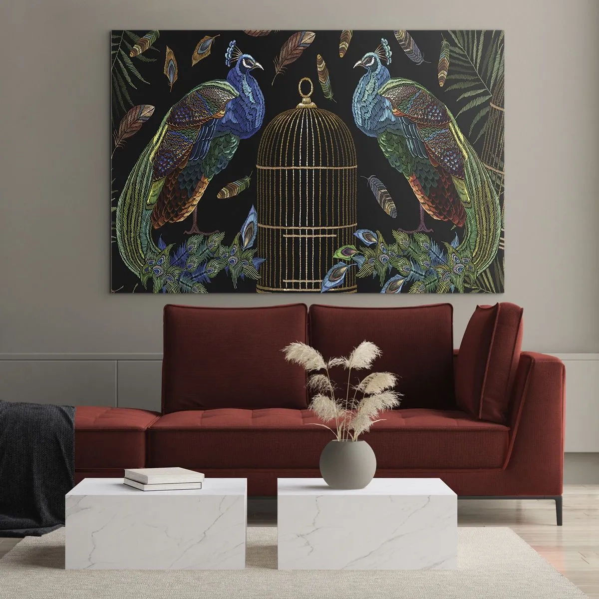 Schilderen op glas - Kleurrijke pauwen en een kooi op een zwarte achtergrond - 70x50cm - In koninklijke gewaden - Moderne wanddecoratie voor woonkamer en slaapkamer ARTTOR