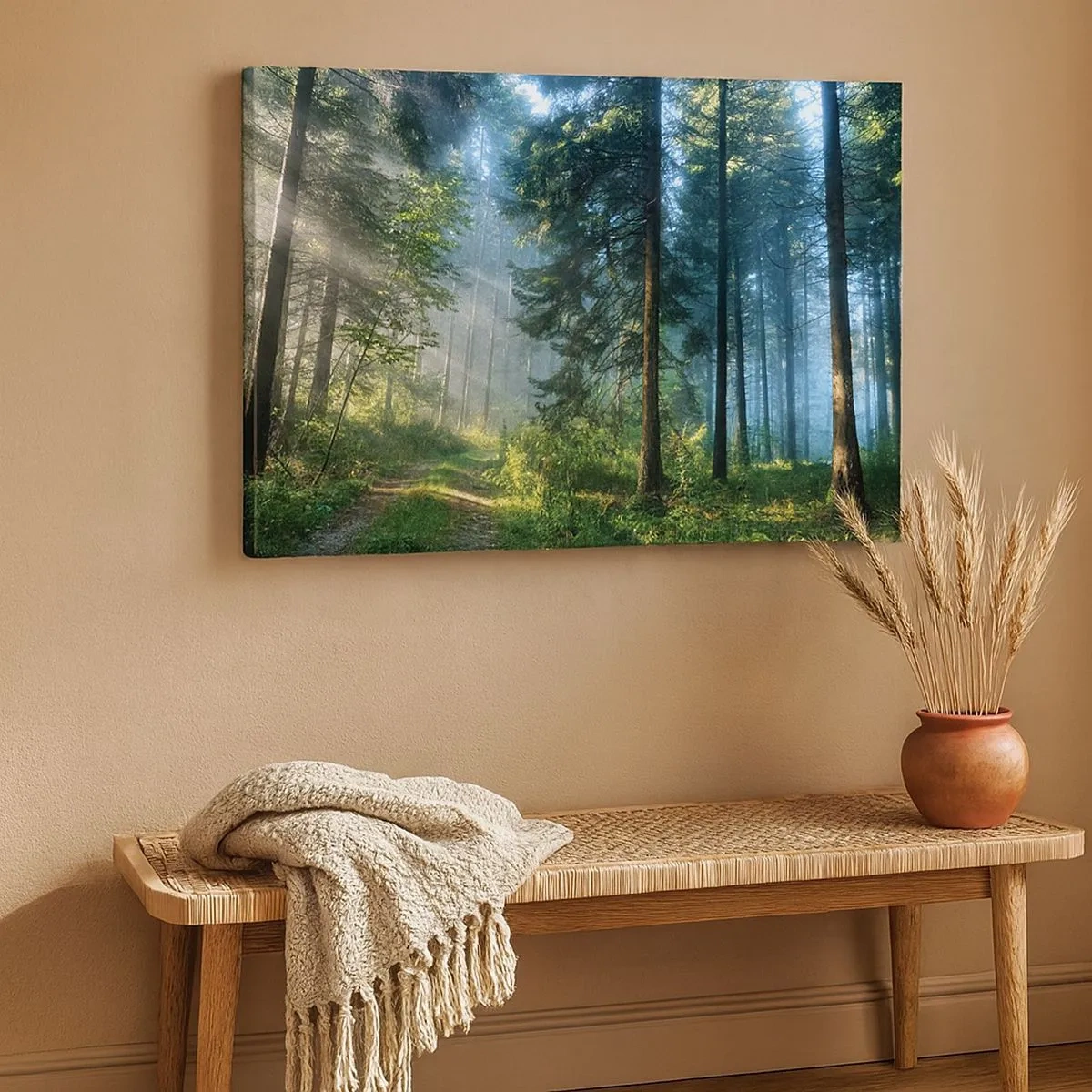 Schilderen op canvas - Een bospad verlicht door de stralen van de ochtendzon - 70x50cm - Stralend in de ochtend - Moderne wanddecoratie voor woonkamer en slaapkamer ARTTOR