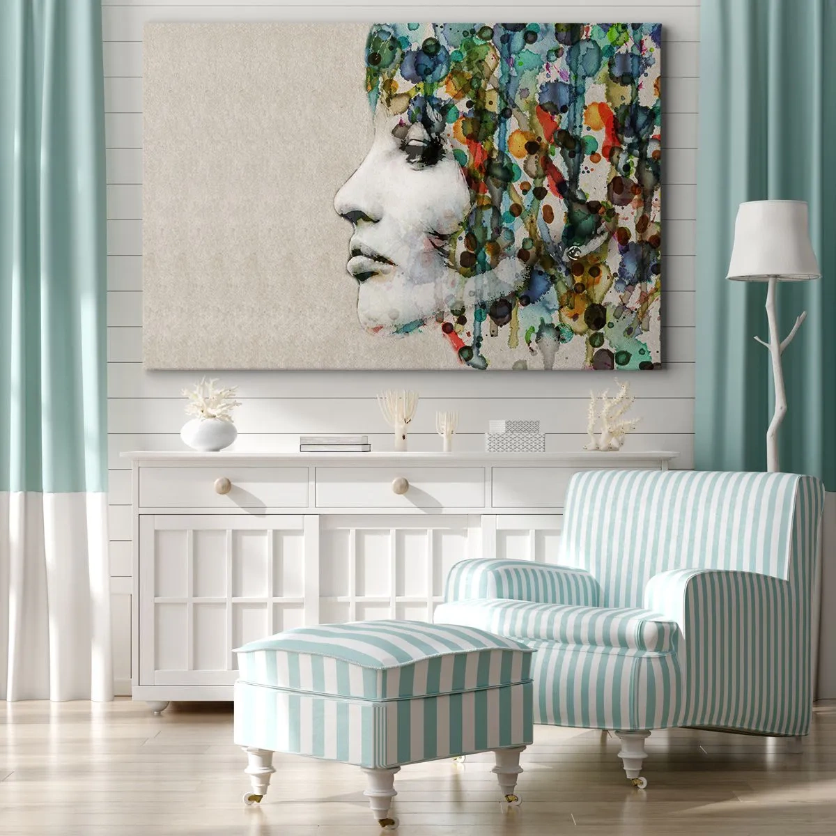 Schilderen op canvas - Profiel van een vrouw in aquarelkleuren met een abstracte achtergrond - 70x50cm - Ze kwam uit het grijs - Moderne wanddecoratie voor woonkamer en slaapkamer ARTTOR