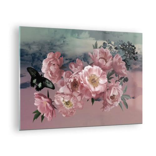 Schilderen op glas - Roze pioenrozen met een vlinder tegen de lucht - 70x50cm - Het hoogtepunt van de romantiek - Moderne wanddecoratie voor woonkamer en slaapkamer ARTTOR