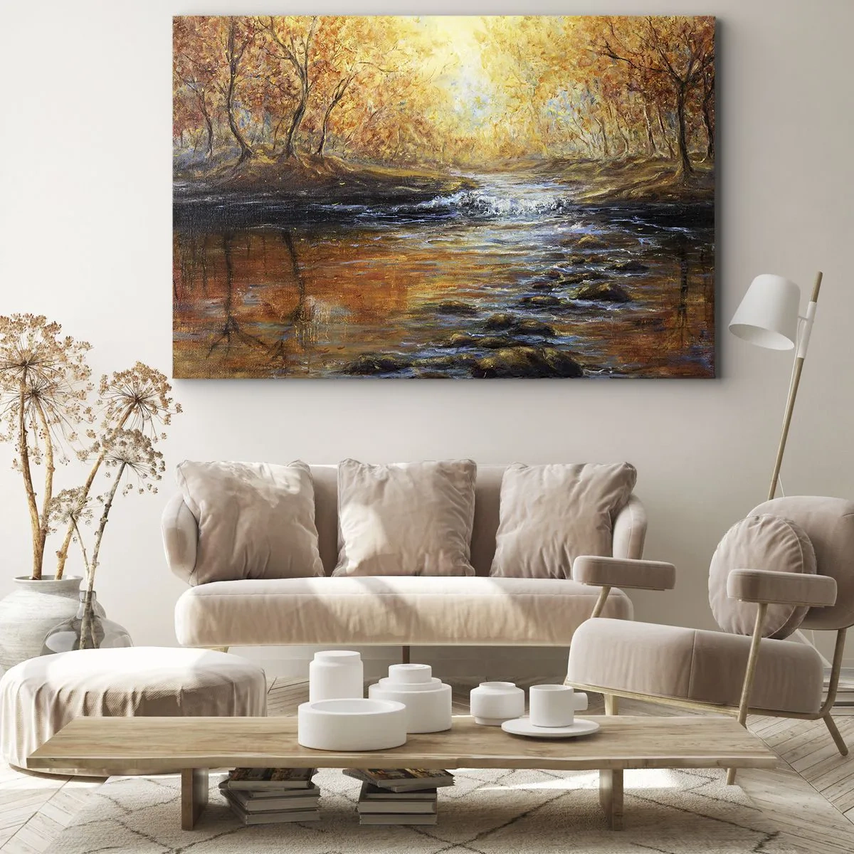 Schilderen op canvas - Herfstlandschap met een rivier tussen de bomen - 70x50cm - De gouden stroom - Moderne wanddecoratie voor woonkamer en slaapkamer ARTTOR