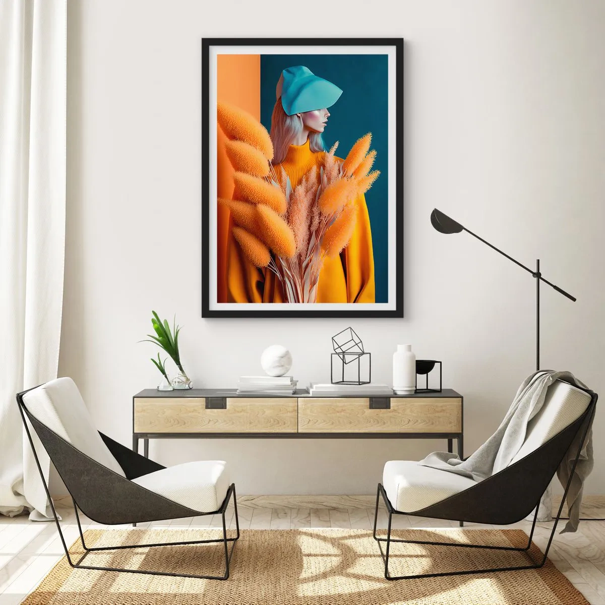 Poster in een zwarte lijst - Een modern portret van een vrouw in warme kleuren - 50x70cm - Pluizig portret - Moderne wanddecoratie voor woonkamer en slaapkamer ARTTOR