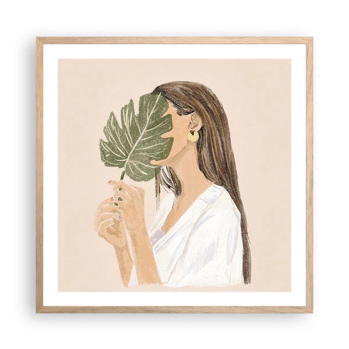 Een poster in een licht eiken lijst - Mysterieus portret met een waaier - 60x60 cm