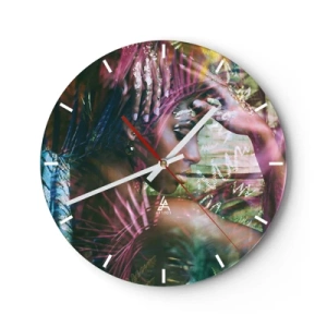 Wandklok - Klok - Portret van een vrouw met elementen uit de natuur en kleurrijke bladeren op de achtergrond - 30x30cm - Moeder Natuur in de jungle - Moderne wanddecoratie voor woonkamer, keuken en slaapkamer ARTTOR