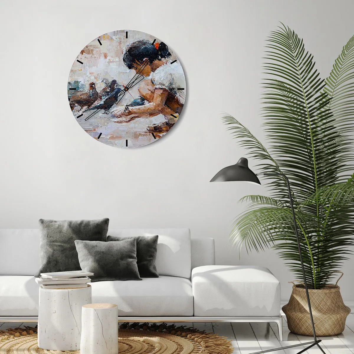 Wandklok - Klok - Een meisje dat duiven voert tegen een geschilderde achtergrond - 30x30cm - De kleintjes en de leukste - Moderne wanddecoratie voor woonkamer, keuken en slaapkamer ARTTOR