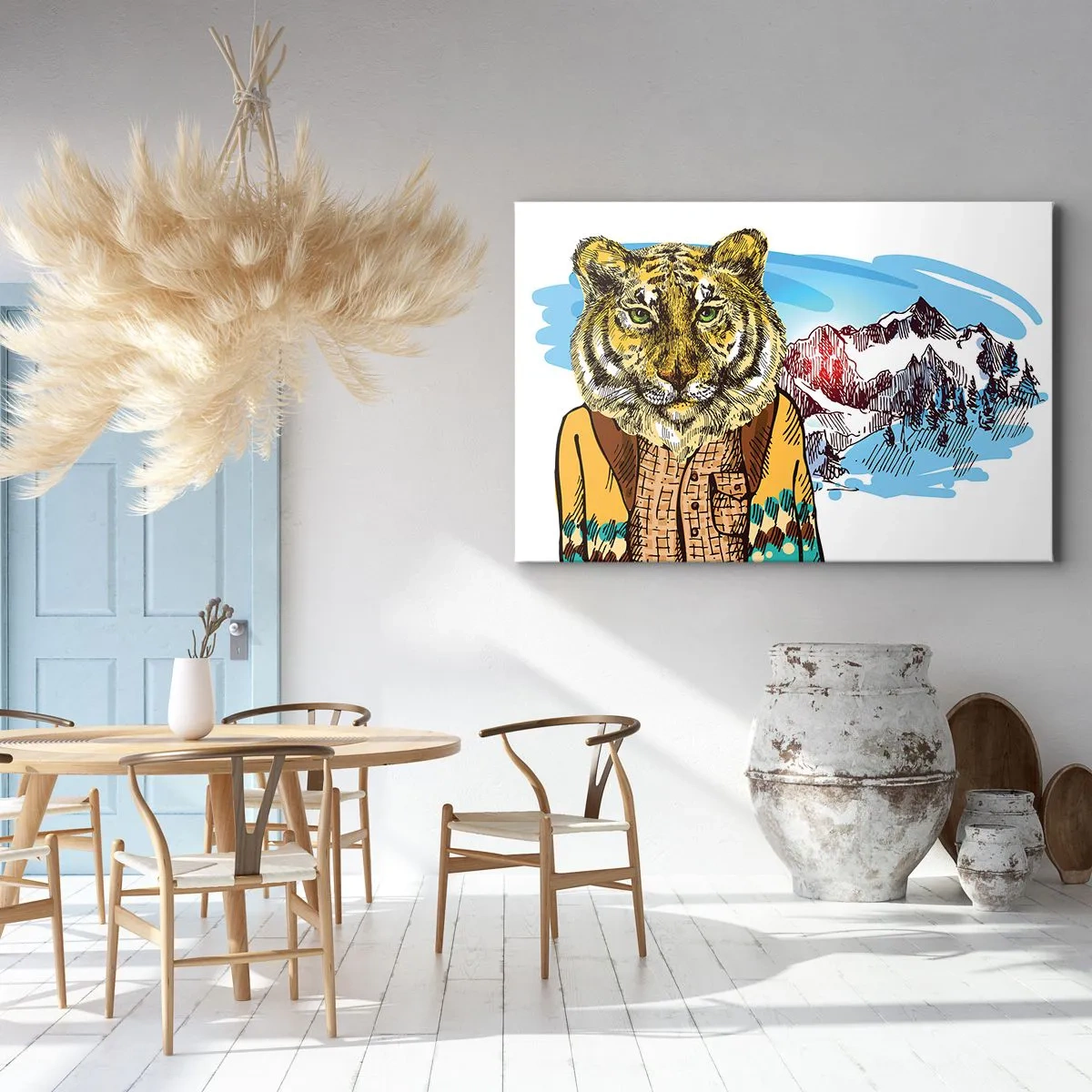Schilderen op canvas - Een tijger in een jas tegen een berglandschap - 70x50cm - Niet zo wild als ze hem tekenen - Moderne wanddecoratie voor woonkamer en slaapkamer ARTTOR