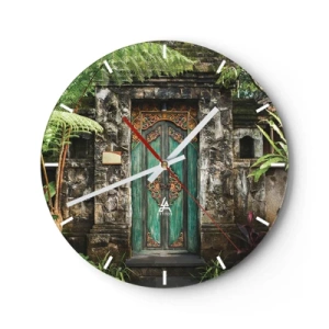 Wandklok - Klok - Een sierlijke groene deur in een stenen muur omgeven door vegetatie - 30x30cm - Een deur naar een exotische wereld - Moderne wanddecoratie voor woonkamer, keuken en slaapkamer ARTTOR