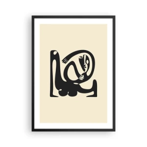 Poster in een zwarte lijst - Abstract figuur op een beige achtergrond met zwarte lijnen - 50x70cm - Bijna Picasso - Moderne wanddecoratie voor woonkamer en slaapkamer ARTTOR