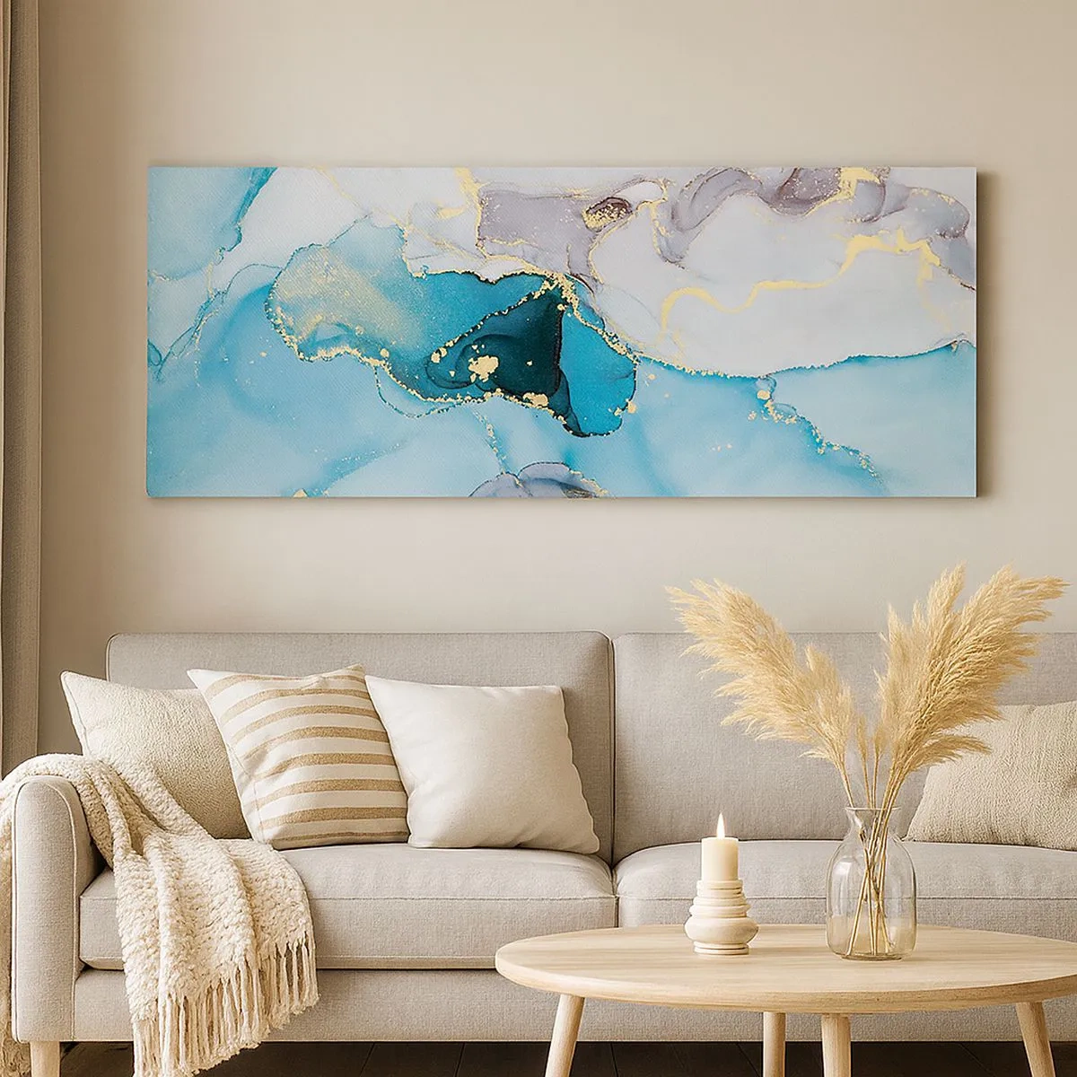 Schilderen op canvas - Een studie van de ontmoeting van grijs en turkoois - 100x40 cm