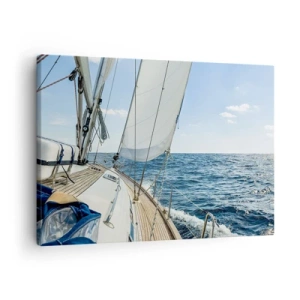 Schilderen op canvas - Een zeilboot op een kalme zee onder een blauwe lucht - 70x50cm - Ahoi, avontuur - Moderne wanddecoratie voor woonkamer en slaapkamer ARTTOR