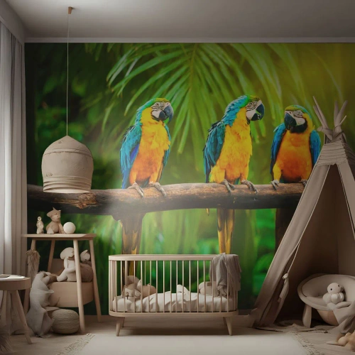 Fotobehang Standard Eco - En heb je gehoord dat ze...? - Vogels, Papegaaien, Natuur - 200x140 cm