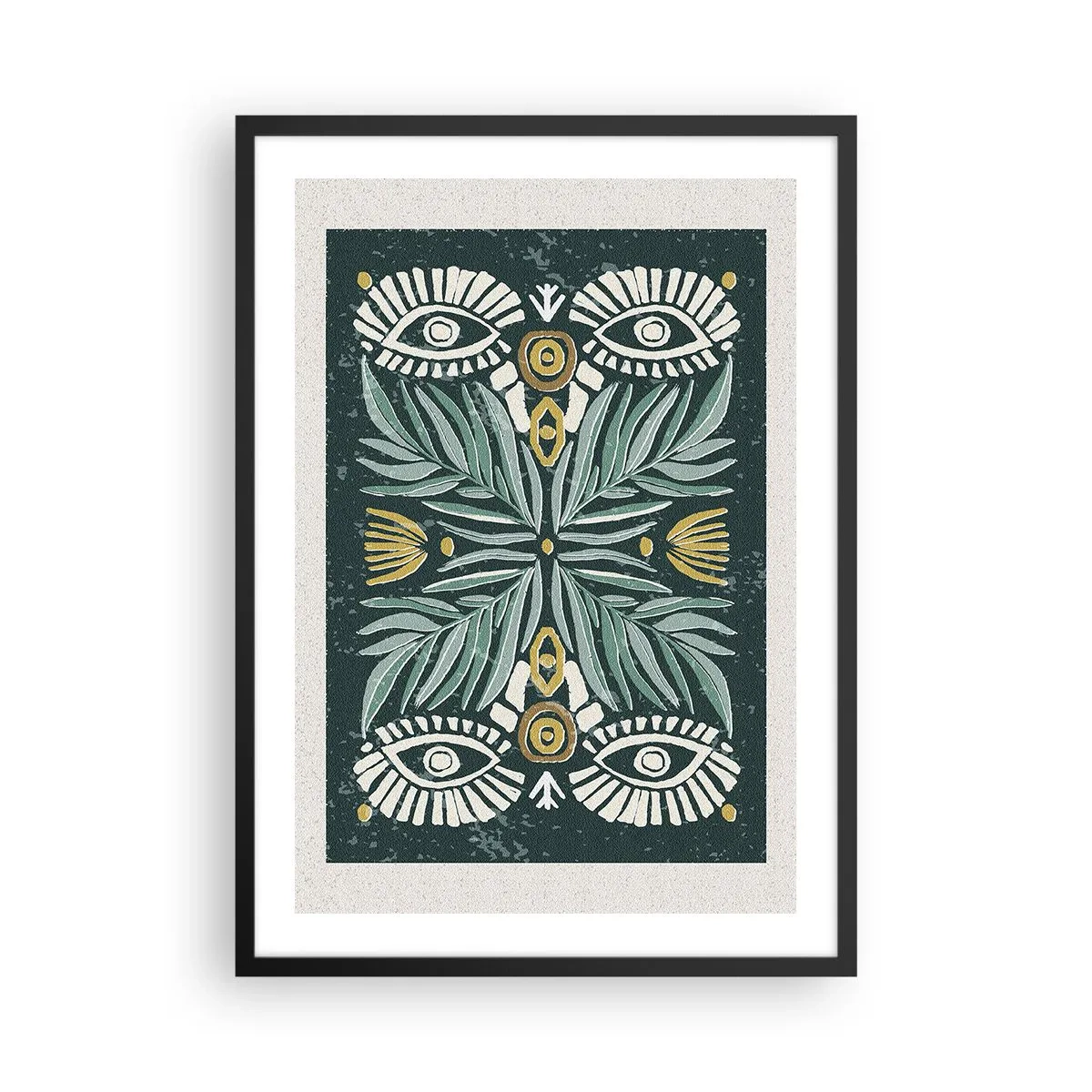 Poster in een zwarte lijst - Symmetrisch patroon met bladeren en ogen op een donkere achtergrond - 50x70cm - Als een volksuitsnede - Moderne wanddecoratie voor woonkamer en slaapkamer ARTTOR