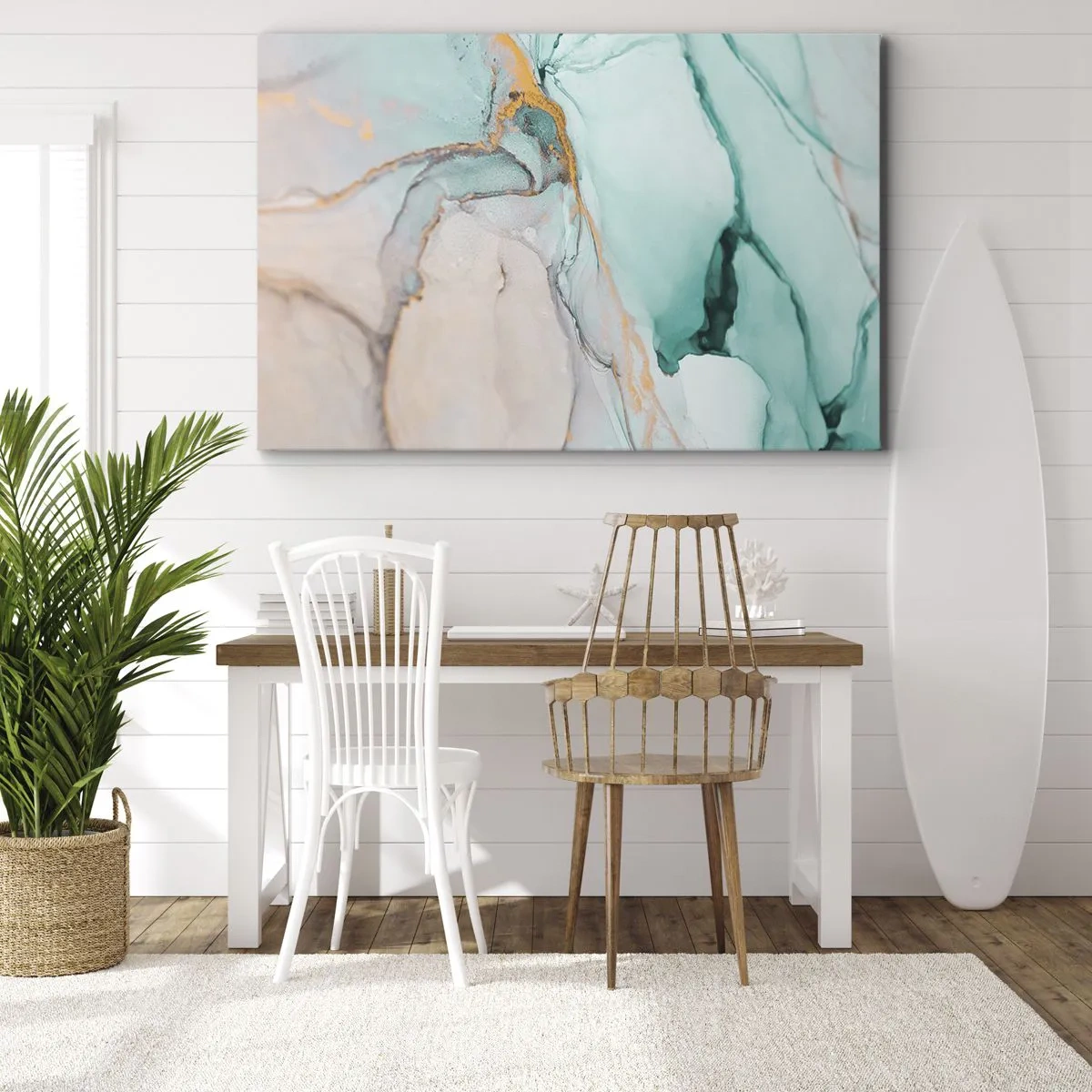 Schilderen op canvas - Een abstracte compositie in tinten turquoise en goud. - 70x50cm - Een dans van vormen en kleuren - Moderne wanddecoratie voor woonkamer en slaapkamer ARTTOR