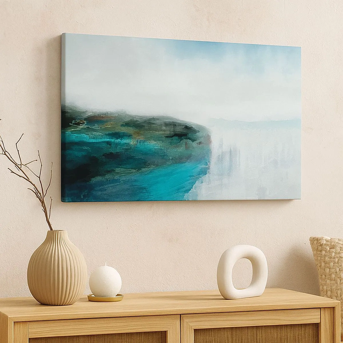 Schilderen op canvas - Abstract landschap in tinten turquoise en grijs - 70x50cm - Nautische abstractie - Moderne wanddecoratie voor woonkamer en slaapkamer ARTTOR