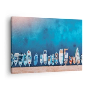 Schilderen op canvas - Boten afgemeerd aan de kust tegen het blauwe water - 70x50cm - In één rij - Moderne wanddecoratie voor woonkamer en slaapkamer ARTTOR