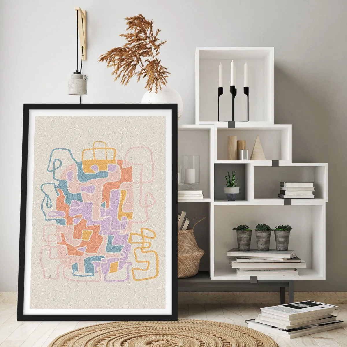 Poster in een zwarte lijst - Kleurrijke abstractie met onregelmatige lijnen op een lichte achtergrond - 50x70cm - Labyrint – een vreugdevol avontuur - Moderne wanddecoratie voor woonkamer en slaapkamer ARTTOR