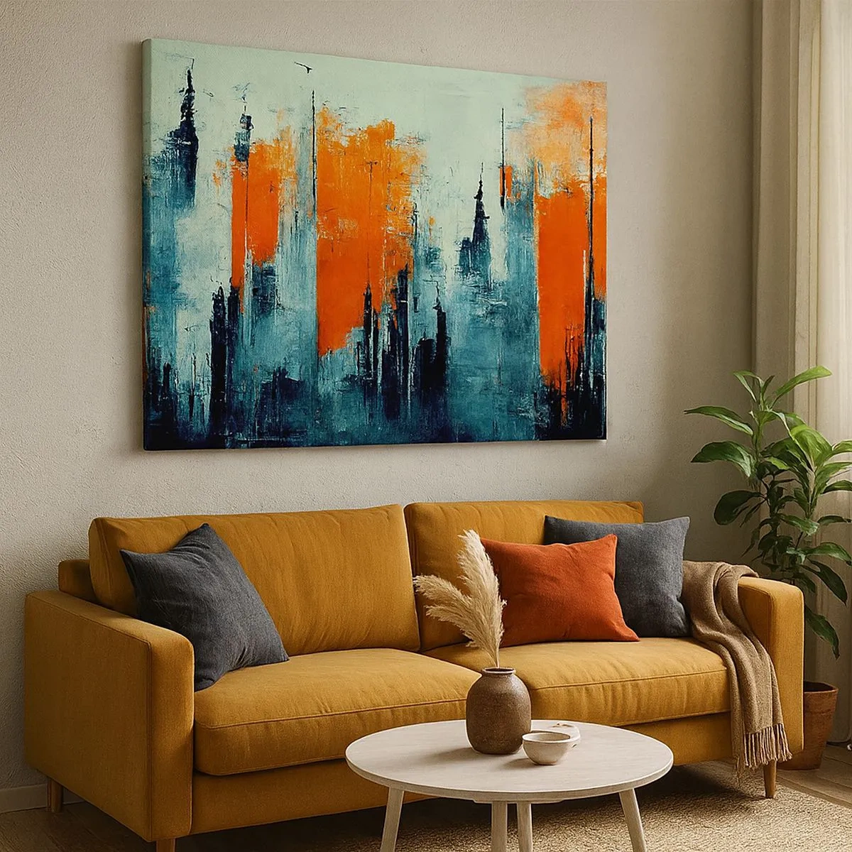 Schilderen op canvas - Abstract stadsgezicht in tinten oranje en blauw - 70x50cm - Modern landschap - Moderne wanddecoratie voor woonkamer en slaapkamer ARTTOR