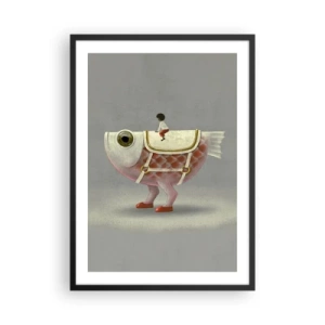 Poster in een zwarte lijst - Een fantasievis met een zadel en een figuur op een grijze achtergrond - 50x70cm - Ruiter op een surrealistische vis - Moderne wanddecoratie voor woonkamer en slaapkamer ARTTOR