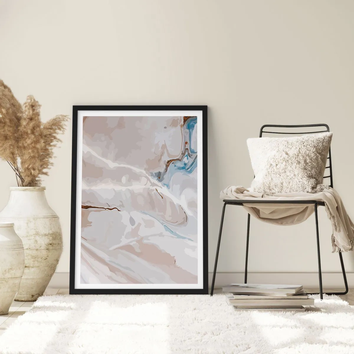 Poster in een zwarte lijst - Marmerpatroon in delicate beige- en blauwtinten - 50x70cm - Blauw kronkelt onder het wit - Moderne wanddecoratie voor woonkamer en slaapkamer ARTTOR