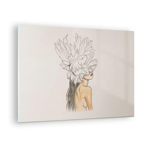Schilderen op glas - Een tekening van een vrouw met lang haar en een kroon van grote veren - 70x50cm - gekroonde schoonheid - Moderne wanddecoratie voor woonkamer en slaapkamer ARTTOR