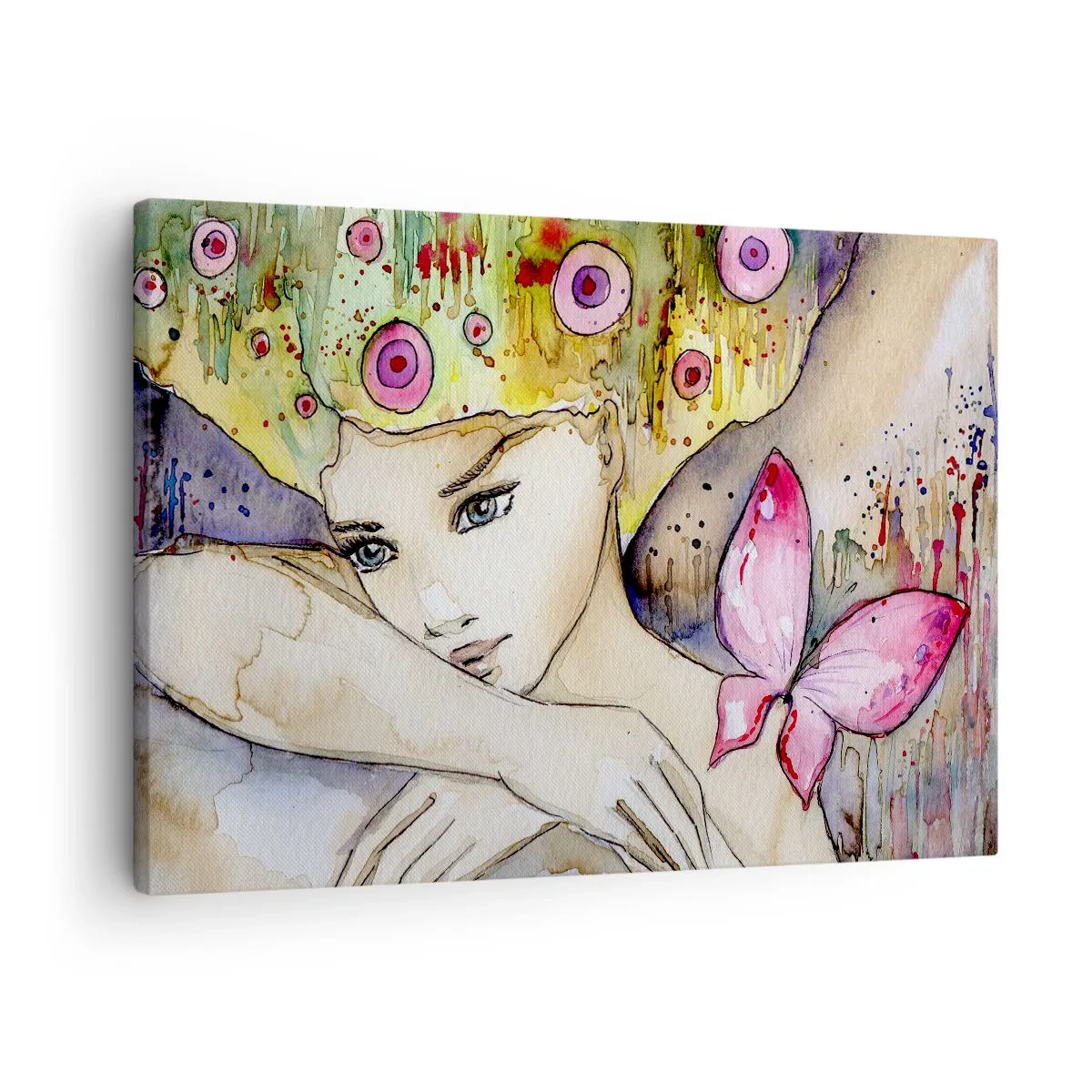 Schilderen op canvas - Een vrouw met een abstract kapsel en een roze vlinder - 70x50cm - Vlinderprinses - Moderne wanddecoratie voor woonkamer en slaapkamer ARTTOR