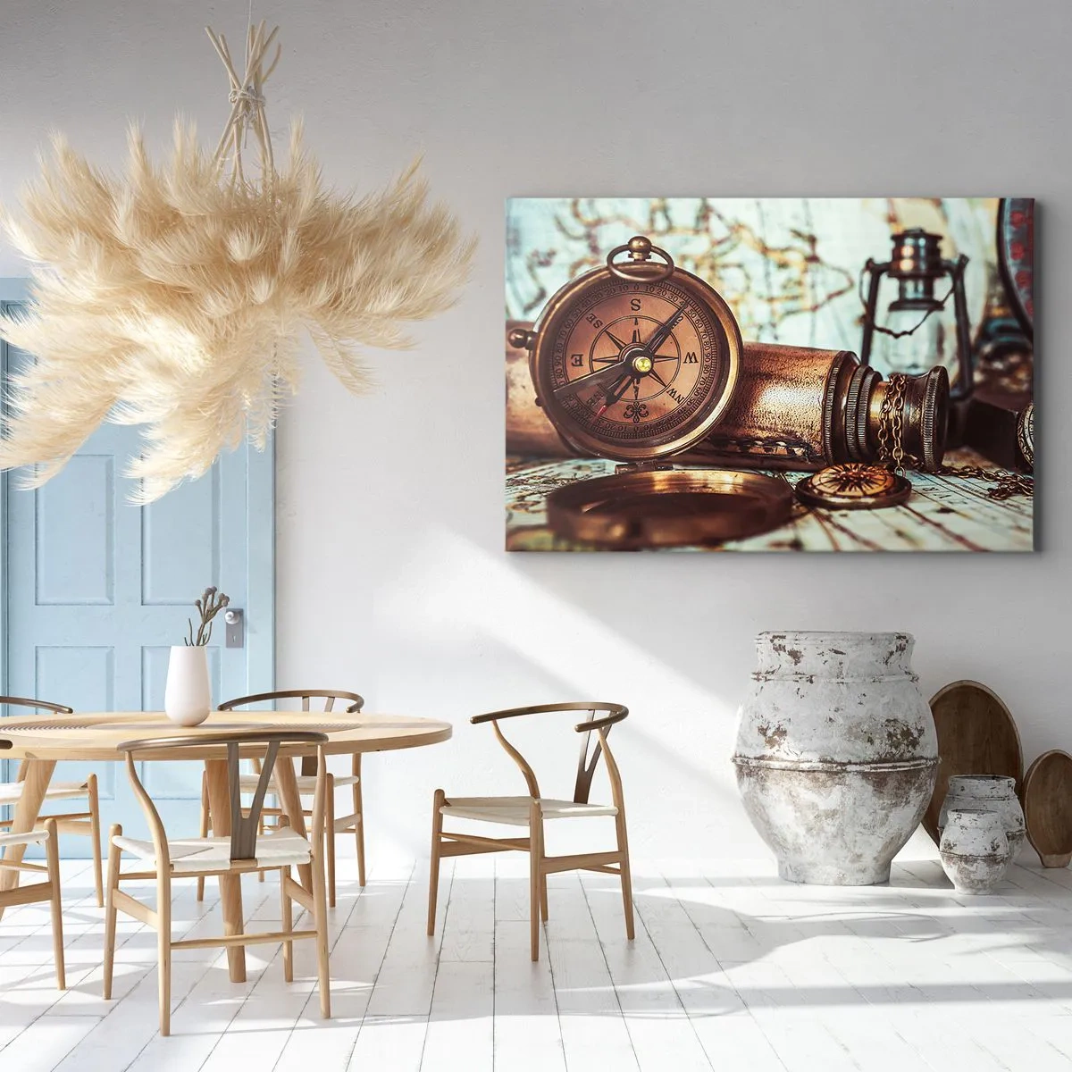 Schilderen op canvas - Een retroset met kompas, telescoop en kaart in reisthema - 70x50cm - Een piratenavontuur in het Caribisch gebied wacht op je - Moderne wanddecoratie voor woonkamer en slaapkamer ARTTOR