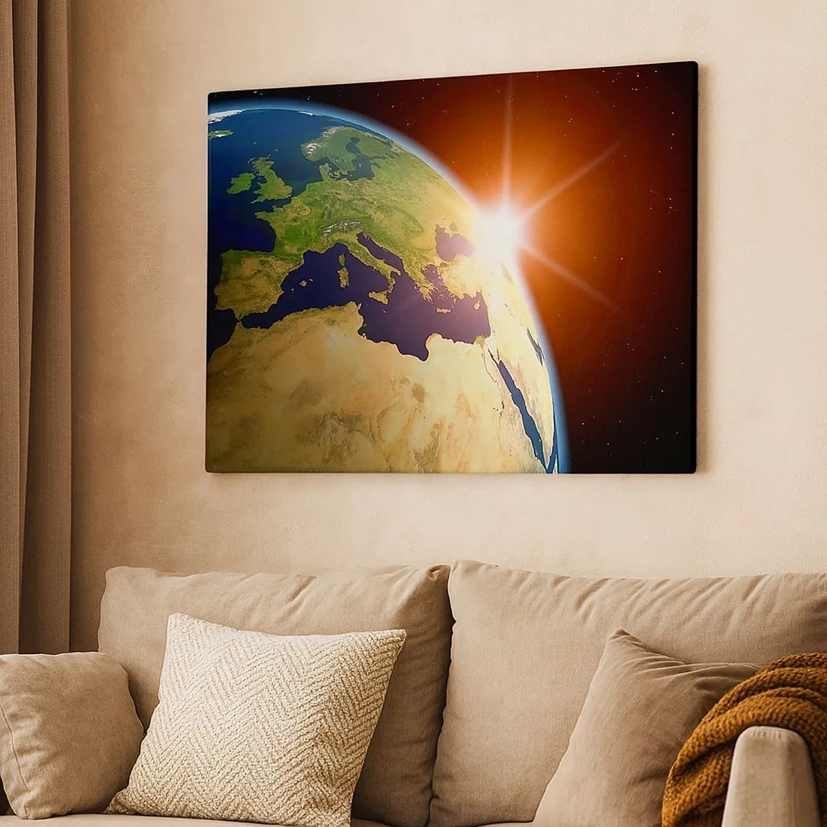 Schilderen op canvas - Uitzicht op de aarde vanuit de ruimte met zonnestralen aan de horizon - 70x50cm - Zonsopgang - Moderne wanddecoratie voor woonkamer en slaapkamer ARTTOR