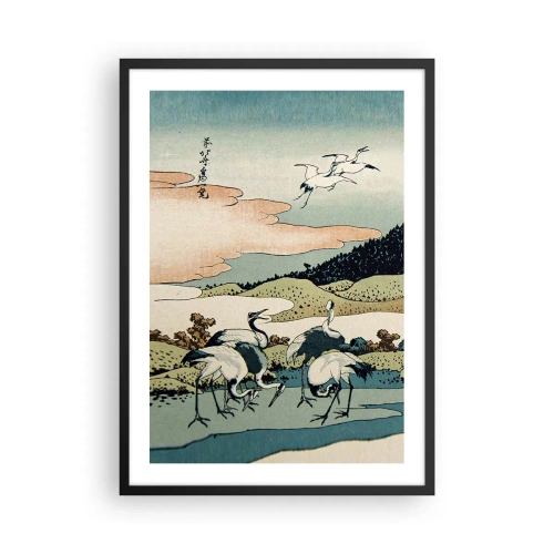 Poster in een zwarte lijst - Traditioneel Japans kunstwerk met kraanvogels in een natuurlijk landschap - 50x70cm - In de Japanse geest - Moderne wanddecoratie voor woonkamer en slaapkamer ARTTOR